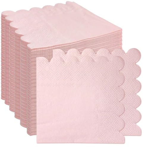 RINDOJIN 200 Stück 2-lagige hellrosa gewellte Servietten, gefaltet, 12,7 x 12,7 cm, Einweg-Cocktail-Servietten, Papierservietten für Abendessen, Hochzeit, Geburtstag, Party, rosa Getränkeservietten