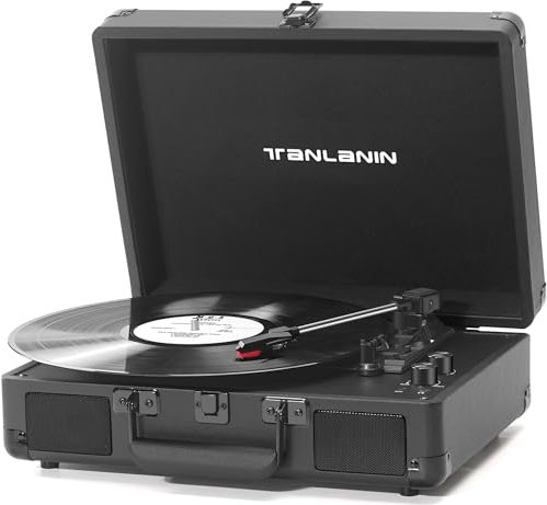 TANLANIN Portable Record Player with Bluetooth, 3-Speed Belt-Drive Turntable Vinyl Player, Suitcase Record Players with Built-in Stereo Speakers, Bass/Treble Control, RCA/AUX/Headphone Jack, Black