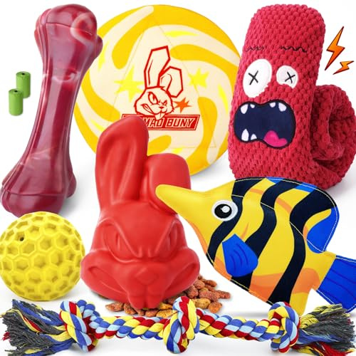 IMMADBUNY Robustes Kauspielzeug für aggressive Kauer, 9 Stück, unzerstörbar, großes Hundespielzeug, inklusive Zerrkau- und Seilspielzeug, quietschendes Spielzeug für mittelgroße und große Hunde (für