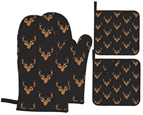 Topflappen Und Topflappen Set Von 4 Hirschkopf Grillhandschuhe Mit Innere Baumwollschicht Ofenhandschuhe Kitchen Doppelschicht Topfhandschuhe, Für BBQ, Küche, Backen