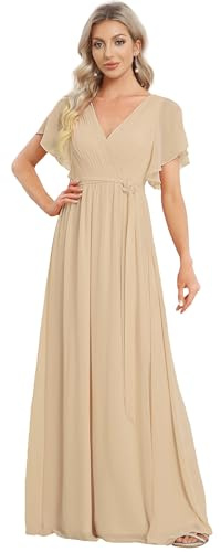 Ever-Pretty Maxi Scollo a V Increspato Busto Chiffon Abito da Sera Formale con Maniche Abito da Ospite Champagne 38