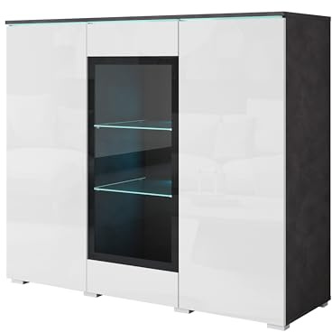 MINIO go for it - Commode Veve avec Porte en Verre | Salon, vitrine 120 cm de large, Gablote, couleur Matera Graphite / Blanc brillant, sans éclairage LED