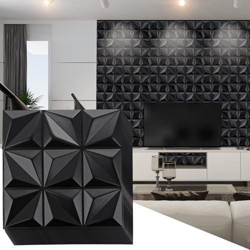 SHUESS Lot de 30 panneaux muraux 3D décoratifs en PVC avec motif diamant pour salon, chambre à coucher, arrière-plan TV, décoration murale d'intérieur (noir)