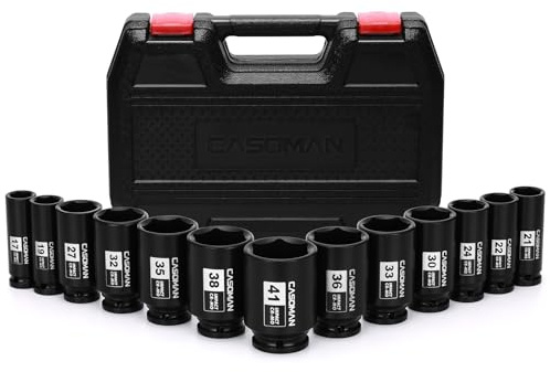 CASOMAN 1/2” Drive Deep Big Impact Socket Set, 13-Piece Large Spindle Axle Nut Impact Wrench Socket Set, 6 Point, CR-MO, Metric, 17mm - 41mm