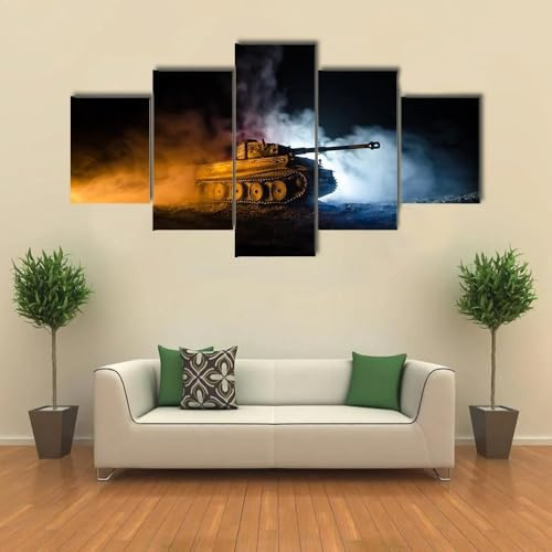 ANLIONE 5 Teiliges Wandbilder Deutscher Panzer in Aktion Leinwandbilder Wohnzimmer Kunstdruck auf Wandbild mit Rahmen Wanddekoration Wohnzimmer Wanddeko KüChe Wanddekoration