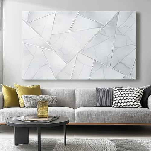Leinwand Bilder 150L x50B cm Wanddeko Wohnzimmer Aesthetic Room Decor Deko Geometrie, Marmor, Schlichtheit Zimmer Wandbilder Modern Bild auf Leinwand Moderne Kunst Weiß Grau