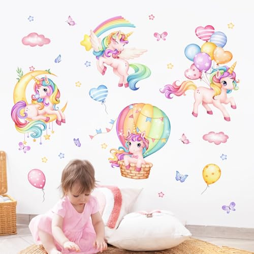 Supzone Wandtattoo Einhorn Regenbogen Kinderzimmer Mädchen Wandaufkleber | Rosa Wandsticker Heißluft-Aquarell-Wandbild, Mond, Stern, Wolken, dekorativ, für Mädchen Schlafzimmer,Kinder Babyzimmer