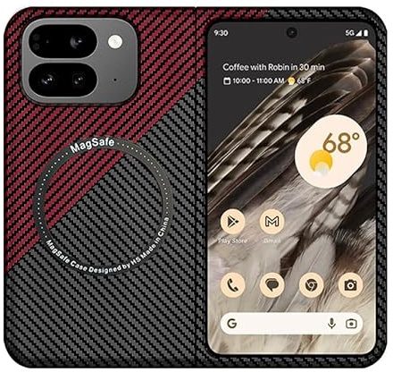 HARUINO for Pixel 9 Pro Fold (2024) Magnetic Case Carbon Texture Protective Cover with Magnet Ring, Ultra Light Slim Hard Mobile Phone Case with Camera Protector, Red and Black