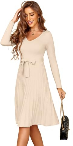 Zeagoo Strickkleider Damen V-Ausschnitt Pulloverkleid A-Linie Herbst Kleider Langarm Winterkleid Elegant Plissee Tunikakleid mit Gürtel Beige L