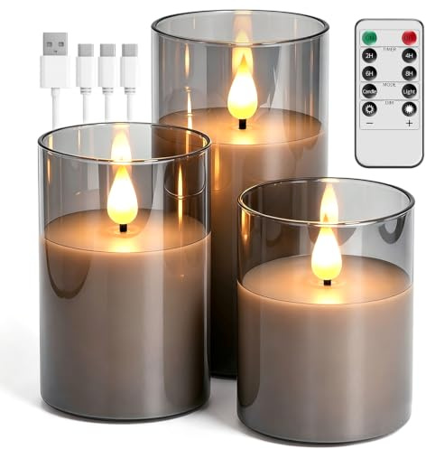 Broyal 3er-Set Led Kerzen Aufladbar,Grau Glas LED Kerzen(15/12.5/10cm),Flammenlose Kerze mit Fernbedienung und Timer,für Home und Feste Weihnachten Decor