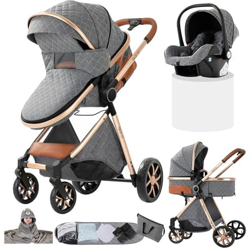 Doraystar Kinderwagen 3 in 1, Kombikinderwagen 3 in 1 Komplettset mit Zwei Umkehrbaren Schiebemodi, Kinderwagen Set mit Ein-Klick-Faltdesign, Rahmen Aluminiumlegierung (YV9 Grey)