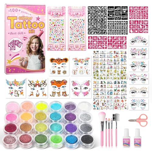 WECUTE Glitter-tatueringsset, glitter tatueringsset flickor – 24 färger, 141 tatueringsmallar, glittertatueringar barnset lämplig för halloween, musikfestival, karnevalsfest