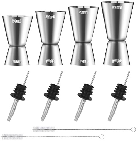 4 Pièces Doseur Cocktail 3cl 4cl 5cl 6cl, Double Tasse à Mesurer Doseur Alcool en Acier Inoxydable avec 4 becs verseurs et 2 brosses, Mesure Jigger pour Bar, Barman Maisons Fête Vin Gin Shaker