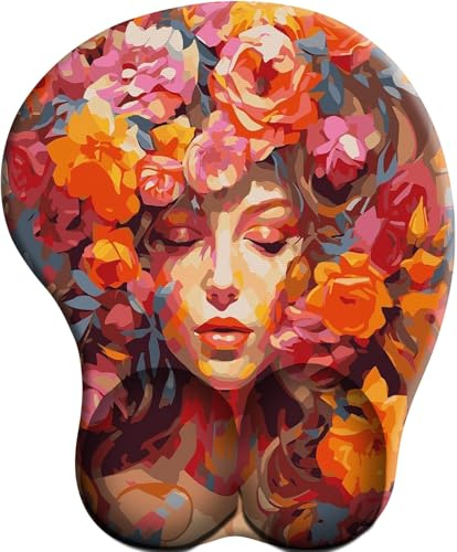 3D Tapis de Souris Ergonomique - Tapis de Souris Gamer avec Repose Poignet, Confort avec Repose- Gaming Mouse Pad pour Bureau et Maison，Fleur Rose beauté Visage