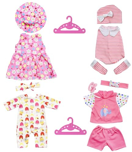 WanderGo Baby Puppen Puppenkleidung 35-43, 4-teilige süße Puppen-Outfits inklusive Kurzarm Langarm-Set, Ro ck, Ärmelloses Set und Kleiderbügel für 14–18 Zoll große Puppen(Ohne Puppe)