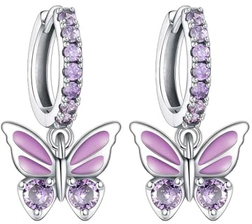LUMOOM Boucles D'Oreilles En Argent Pour Femme Avec Pendentif Papillon Violet, Boucles D'Oreilles HypoallergéNiques En Zircone, Mini CréOles, Bijoux Fantaisie éLéGants, Pour Femme