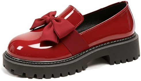 Women's Patent Leather Chunky Heel Bow Loafers Elegant Round Toe Platform Non-Slip Lug Sole Casual Dress Shoes for Business Office Work Everyday Wear (Red,8.5)