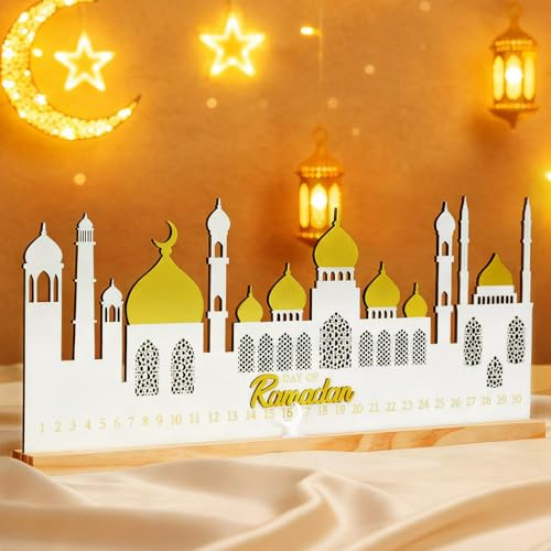Cinnvoice Calendario de cuenta regresiva de Adviento de Ramadán 2026, decoración de Ramadán de 20 pulgadas para el hogar, regalo de cuenta regresiva de madera Eid, centro de mesa islámico