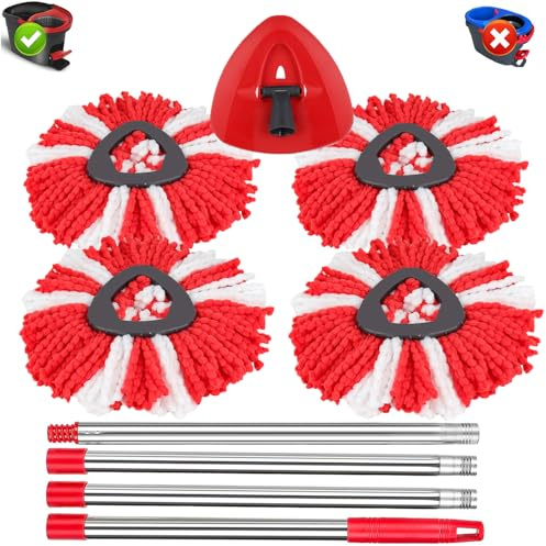Sgizoku Microfiber Mop Fits For Viledar Turbo Spin/Smart/EasyWring&Clean 2 in 1 Tank Bucket,4 Red Mops Refills+1Spin Base+1 Long Broom Handle 148cm