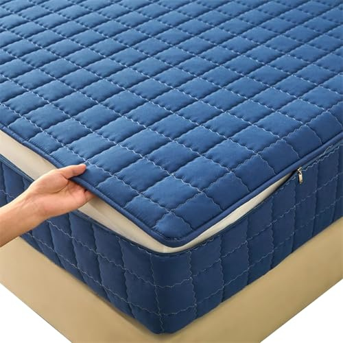 Fodera Materasso Matrimoniale Con Cerniera Copri Proteggi Materasso Imbottito 80x190/200 Personalizzabile Coprimaterasso Sacco Trapuntato Singolo Lavabile Lenzuolo(Blu,170X200+5cm)