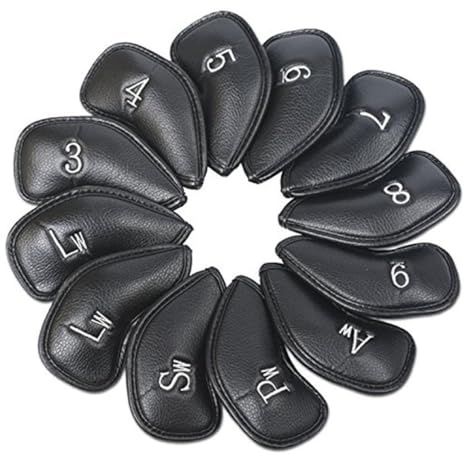 Pineeseatile Cubiertas de Hierro de Golf, Cubierta de Cabeza de Hierro de Golf, Cubierta de Cuero para Cabeza de Palo, Protector de Palo para Accesorios, 12 Piezas, Color Negro, Fundas de Cuero