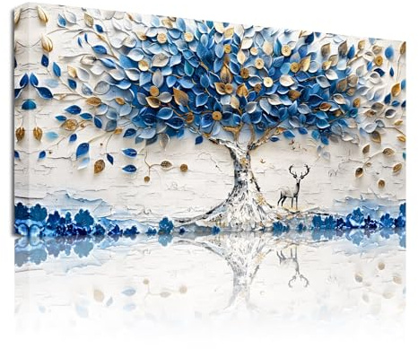 SERIMINO Quadri Moderni Soggiorno Grandi, Quadro Albero Della Vita, Stampe Naturale da Parete, Blu Dorata Piante Decorativa Murali per Salotto Camera da Letto Corridoio Ufficio 59x119 cm