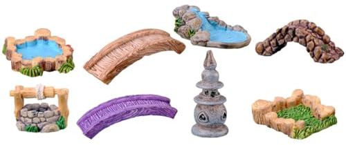 Lurrose Miniature Décorative en Résine pour Jardin Pont Rétro Miniature Puits et Paysage Réaliste de Prairie et Terrain Herbeux pour Extérieur et Terrarium Ensemble 8 Pièces