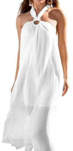 Rayson Copricostume Donna Mare Lungo Halter Curvy Abito da Spiaggia Estivo in Lino Casual Vestito Mare Elegante Senza Maniche Lunghezza Maxi (Bianco, Taglia Unica)