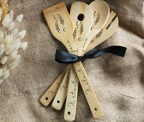 Set de 4 Cuillères en Bois bambou Gravées – Il était une fois initiales personnalisées - idée cadeau mariage - St Valentin