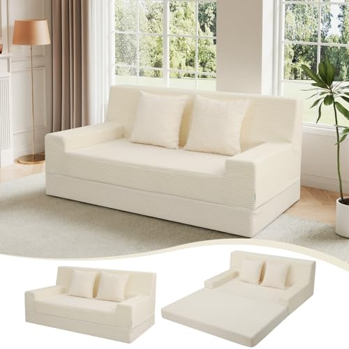 MeMoreCool Boneless Couch Cord Schlafsofa mit Schlaffunktion Beige | Platzsparendes Klappbares Sofa mit Hochdichte Schaumstoff-Matratze und Kissen, Passend für Wohn-, Schlaf- sowie Gästezimmer