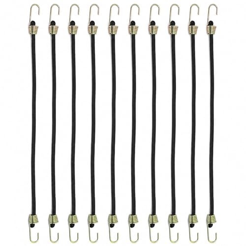 Mistillion 10 Pack 24cm Mini Bungee Cords with Hooks, Heavy Duty Elastic Straps, 4mm Thick Weatherproof Black Bungee Cords for Bundling Securing Small Items