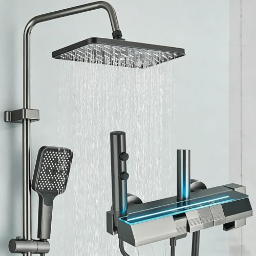 Columna de Ducha Inteligente con Pantalla LED Mezclador de 4 Vías con Cabezal de Lluvia Sobredimensionado, Ducha de Mano 3 Modos y Grifo Cascada - Altura Regulable Construcción en Acero Inoxidable