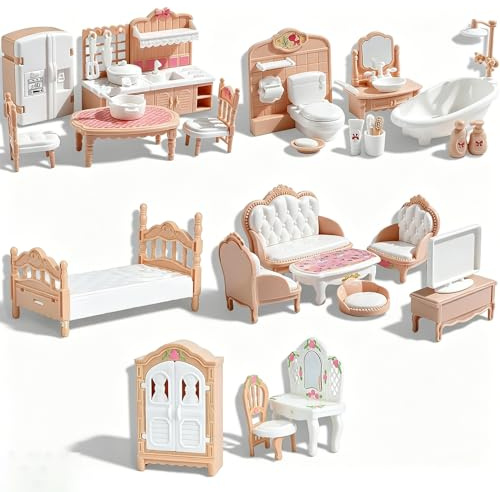 32pcs Miniature Dollhouse Furniture Set, Dolls House Furniture | 1:12 Scale Realistic Dolls House Accessories, Tiny Bedroom Living Room Kitchen Bathroom Furniture for Play and Collectors