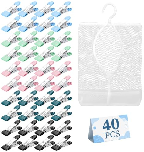 Alyvisun 40 Pinces à Linge avec Sac de Rangement et Ressorts Robustes | Épingles à linge légères en acier inoxydable pour vêtements chaussettes et serviettes en intérieur ou extérieur au quotidien