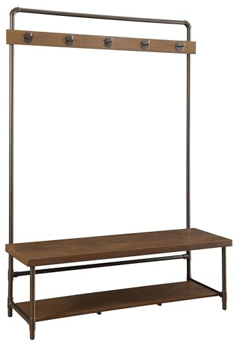 Coaster Home Furnishings - Alise - Metal & Laminated - 5-Hook Coat Rack Hall Tree with Shoe Bench - Transitional Style - Entryway & Hallway - Chestnut - 902921