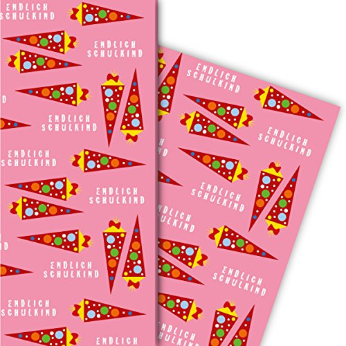 Einschulungs Geschenkpapier Set (4 Bogen) | Dekorpapier mit Schultüten Endlich Schulkind , rosa, für tolle Geschenk Verpackung und Überraschungen u.v.m. 32 x 48cm