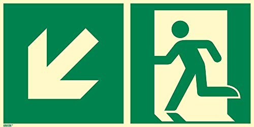 Notausgang links abwärts, Hart-PVC, langnachleuchtend 55/8 mcd DIN 67510 Leuchtklasse B, 300 x 150 mm gemäß ASR A1.3 / ISO 7010 E001, Rettungszeichen Schild, 30 x 15 cm