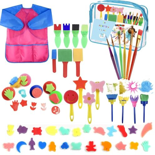 YZNlife Kids Paint Brushes Sponge Kits,52 pcs Painting Brushes Tool Kit for Kids Early DIY Learning Include Foam Brushes, Pattern Brushes Set, Waterproof Apron