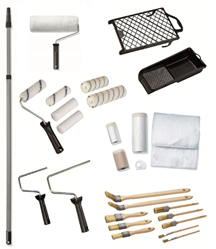 BODENMEISTER Malerset komplett Teleskopstange Wandfarbe streichen Pinselset Renovierungsset Farbroller-Set 28-teilig