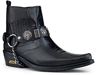 Män äkta läder gotisk cowboy ridning ankelstövlar kedja västerländsk kubansk klack dans, Svart, 38.5 EU