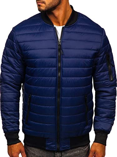 BOLF Herren Bomberjacke Leichte Übergangsjacke mit Stehkragen Steppjacke Fliegerjacke Pilotenjacke College Jacke Baseball Freizeitjacke Blouson J.STYLE MY-02 Dunkelblau L [4D4]