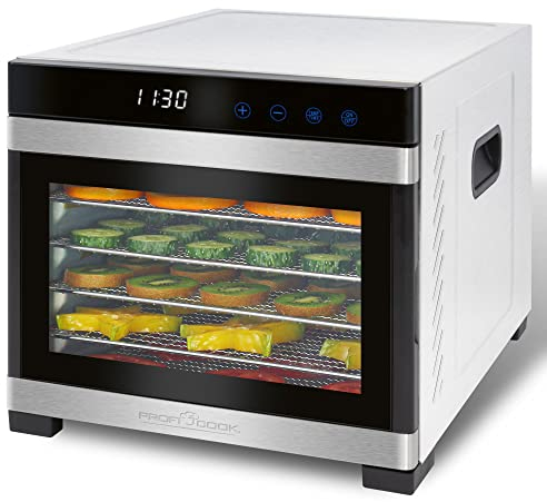 Proficook PC-DR1218 Deshidratador de Alimentos, 6 Bandejas Acero Inoxidable, Temperatura Ajustable 35-75°C, Temporizador 30 min - 24 h, Seca Frutas, Verduras, Carne, Hierbas