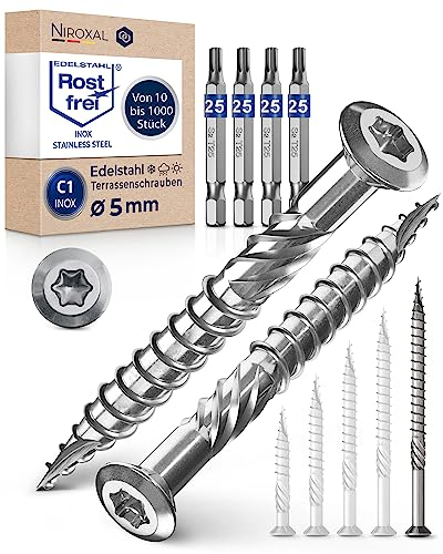 1000 tornillos de terraza de 5 x 80 mm de largo, perfectos para tablones de terraza de 35 mm, acero inoxidable endurecido C1, Torx 25, incluye 4 puntas, tornillos para madera con rosca parcial plana