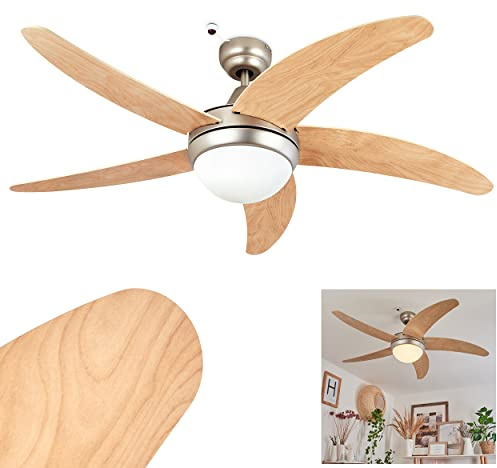 HOFSTEIN Deckenventilator Morino, Ventilator aus Metall/Holz/Glas in Nickel-matt/Natur/Weiß, mit Fernbedienung und Auf-/Abwind, Deckenleuchte für 2 x E14, IP20, drei Stufen, Wohnzimmer, Schlafzimmer