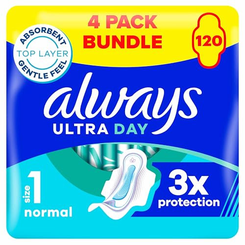 Always Ultra Day Sanitary Towels Normal (Size 1) With Wings 4 x 30 Pads, Super Absorbent And Ultra Thin, For Menstrual Periods