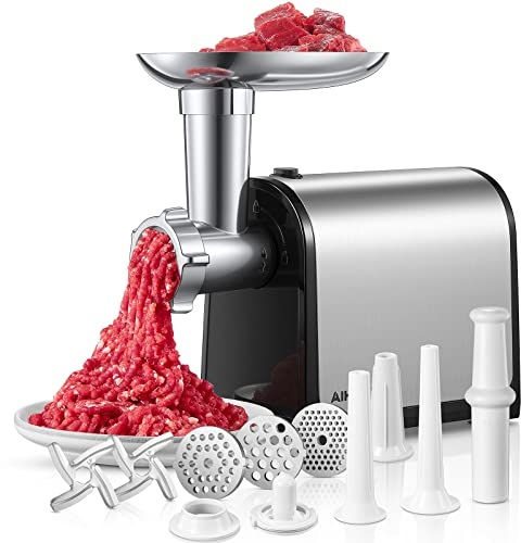 Tritacarne elettrico, per salsicce con 3 tubi per salsicce, 2 lame, 3 piatti, 3200 W max, tritacarne resistente, per uso domestico e cucina, in acciaio inox (nero)