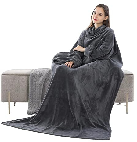 LumiSyne Kuscheldecke Mit Ärmeln Für Erwachsene Kuschelig Fleecedecke Weich Warm Flanell Winter TV Decke Mit Übergroße Ärmel Vordertasche Zur Aufbewahrung Tagesdecke Ärmeldecke Für Sofa Bett 170×200cm