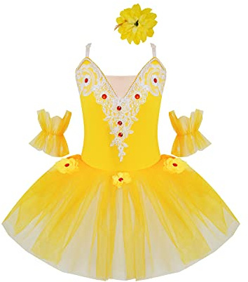 TiaoBug Mädchen Ballettkleidung 3tlg.Set Ballettkleid+Handschuhe+Haarband Kinder Ballettanzug Ballett Trikot Tanz Kostüm Tütü Kleid 104 110 116 122 128 140 152 Gelb N 110-116