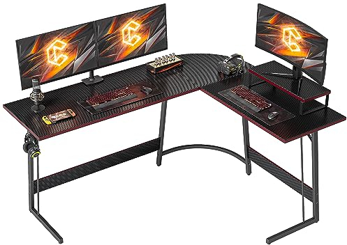 CubiCubi Gaming Tisch Eckschreibtisch 170 x 120 cm, Schreibtisch l Form mit Kohlefaseroberfläche, Pc Ecktisch Computertisch Mit Monitorständer und Schubladen, Einfach zu Montieren Eck Tisch, Schwarz