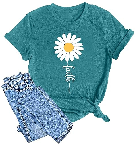 Sunflower Shirts Women Flower Graphic T-Shirts Inspirational Tees Casual Faith Shirt Short Sleeve Tops